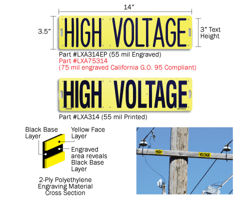 Engraved plastic Cross arm signs on a utility pole cross arm reading, "High Voltage"