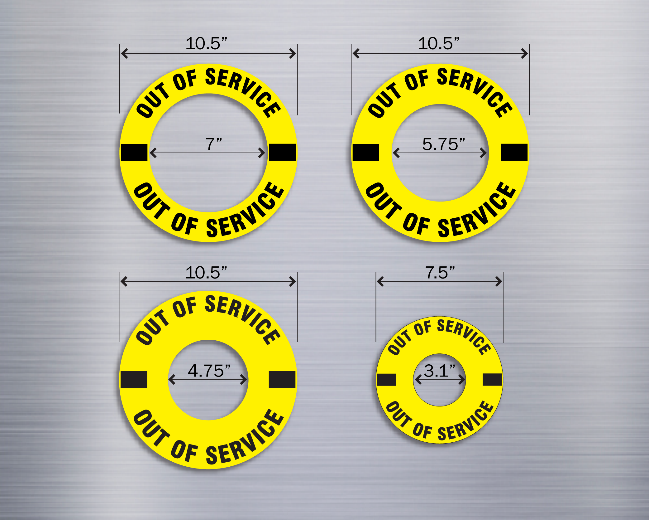 A dimensioned diagram of four circular fire hydrant rings in different sizes. Rings are Yellow with Black text to read, "Out of Service".