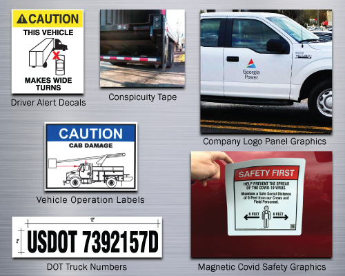 A grouping of vehicle safety decals: driver alert decals, conspicuity tape, company logo panel graphics, magnetic covid safety graphics, vehicle operation labels and DOT truck numbers.