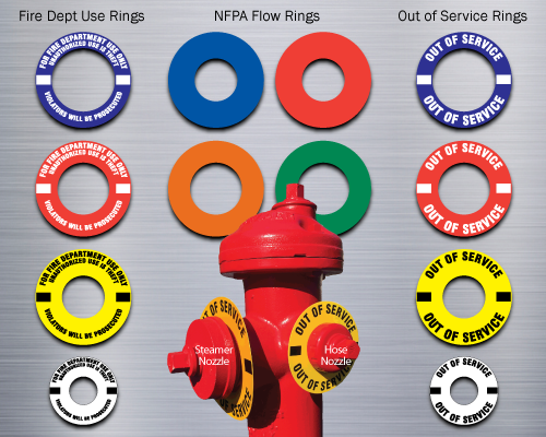 A group of hydrant rings in multiple colors: fire department use hydrant rings, NFPA flow rings and out of service hydrant rings.