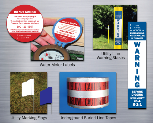 A group of utility safety markers: water meter labels, utility line warning stakes, utlity marking flags and underground buried line tapes.