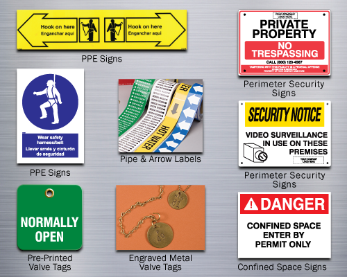 A group of safety signs and tags: PPE signs, pre-printed valve tags, pipe and arrow labels, engraved metal valve tags, preimeter security signs and confined space signs.