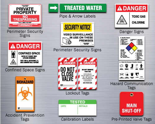 A grouping of safety signs, labels and tags: perimeter security signs, confined space signs, accident prevention tags, pipe and arrow labels, lockout tags, calibration labels, danger signs, hazard communication tags and pre-printed valve tags.