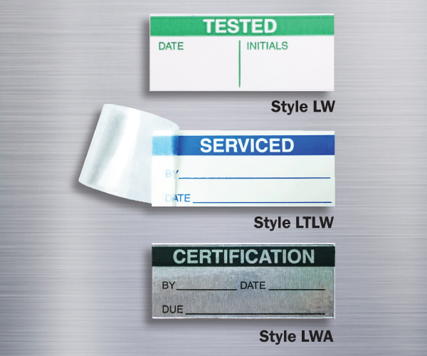 Three styles of rectangular quality control labels: vinyl write-on style, self-laminating style and debossible aluminum style.