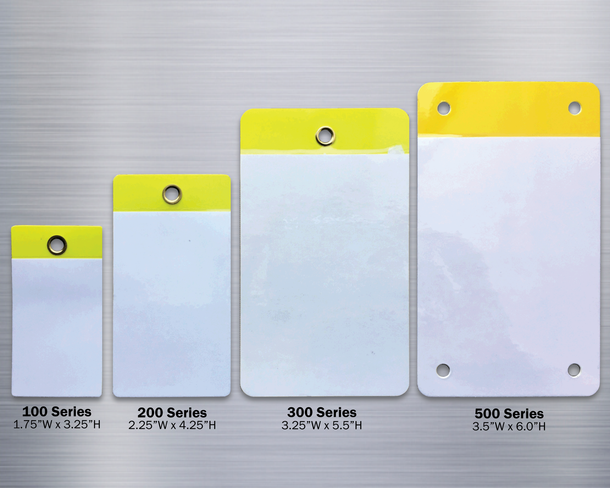 An image of four different sizes of blank, self-laminating tags typically used for identifying inventory management. Tags shown are yellow and rectangular with rounded corners and eyelets.