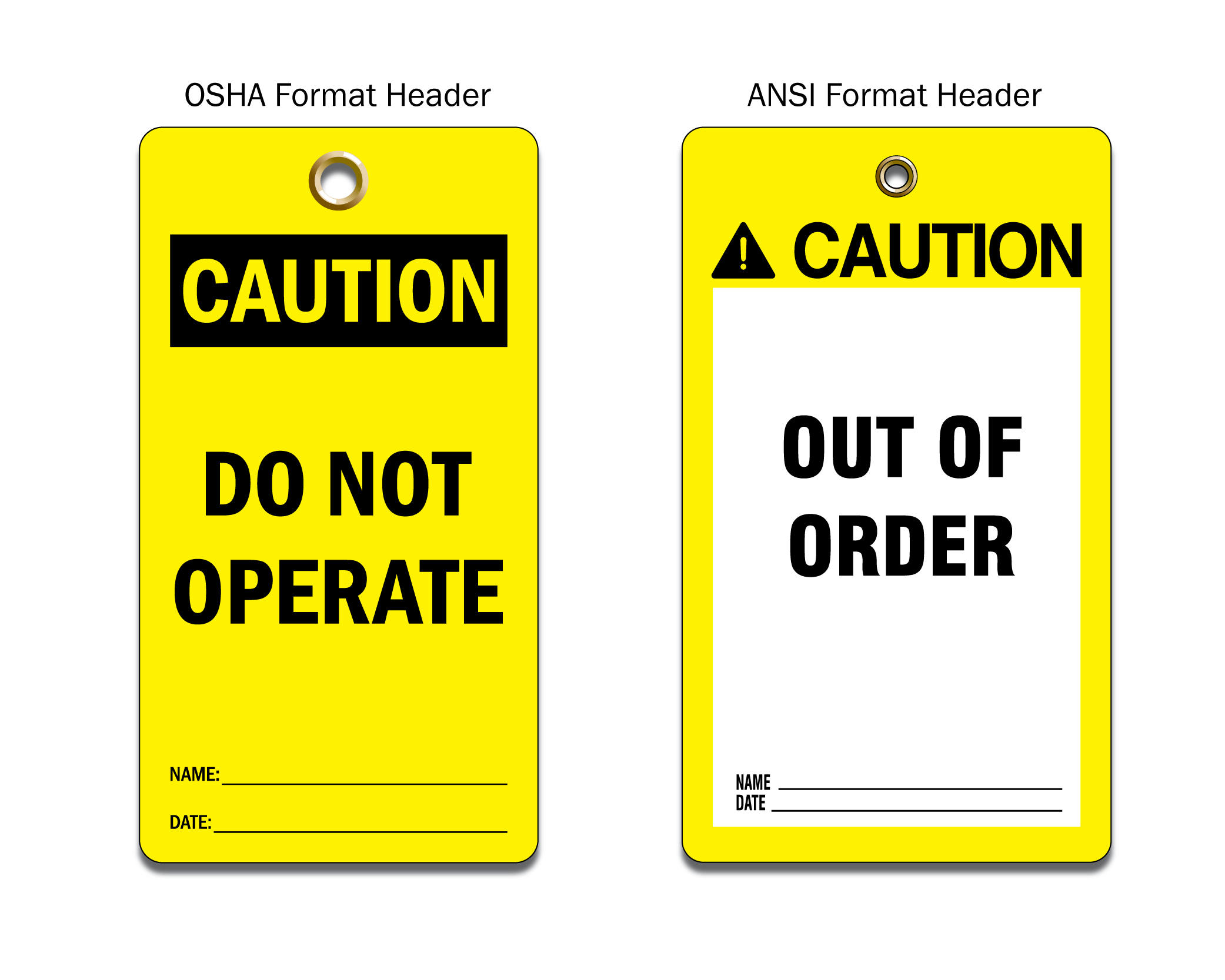 An image of two rectangular yellow caution tags with black text. One tag is OSHA format and the other is ANSI format.