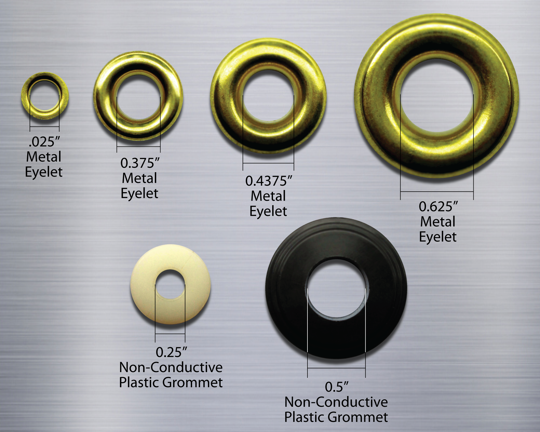 An image of four different sized metal eyelets and two plastic, non-conductive eyelets for use with plastic tags.