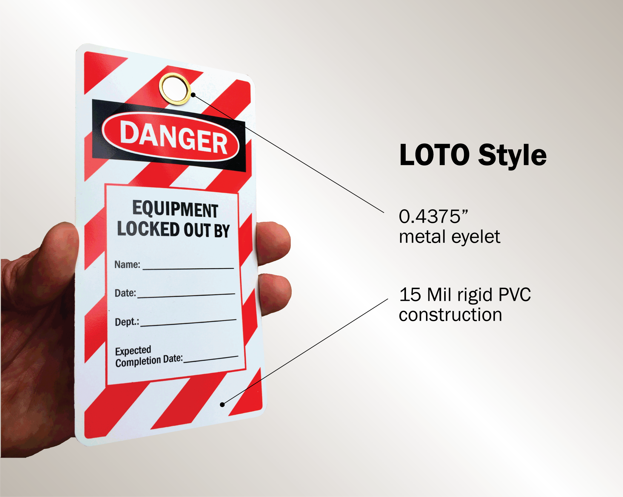 An image of an OSHA style lockout tagout tag reading, "Danger, equipment locked out" in black on a red and white striped background with a metal eyelet and rounded corners.