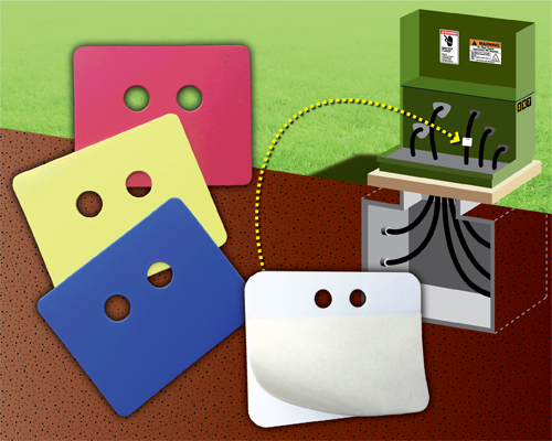 An image of four rectangular plastic tags in white, red, blue and yellow. each tag has two holes for attachment to wires. These URD tags are shown in relation to an electrical transformer box where they are typically used for wire identification.