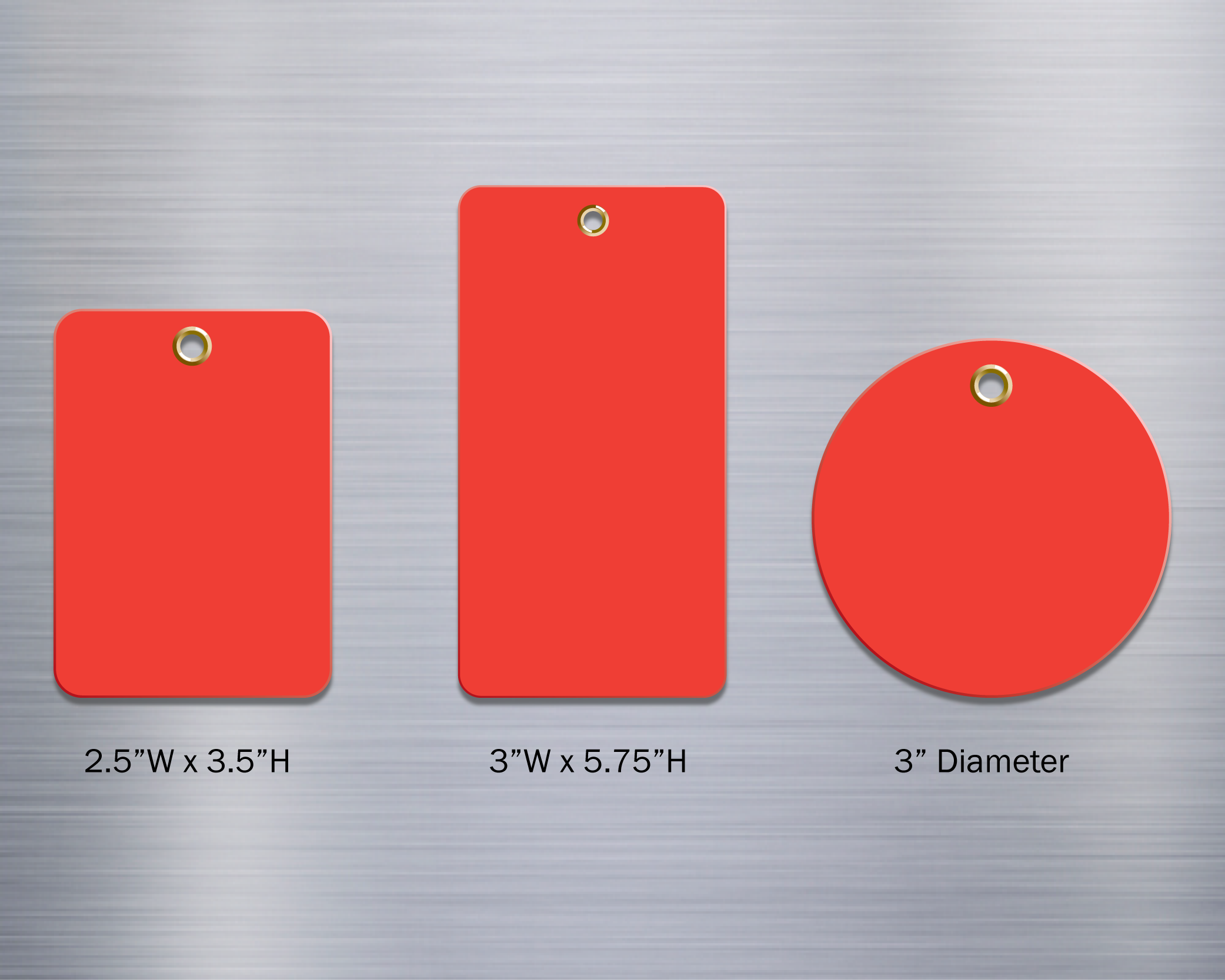 A image of three blank, plastic valve tags in red. Two tags are rectangular with rounded corners and one tag is circular. All three tags have metal eyelets for attachment to valves for valve identification purposes.