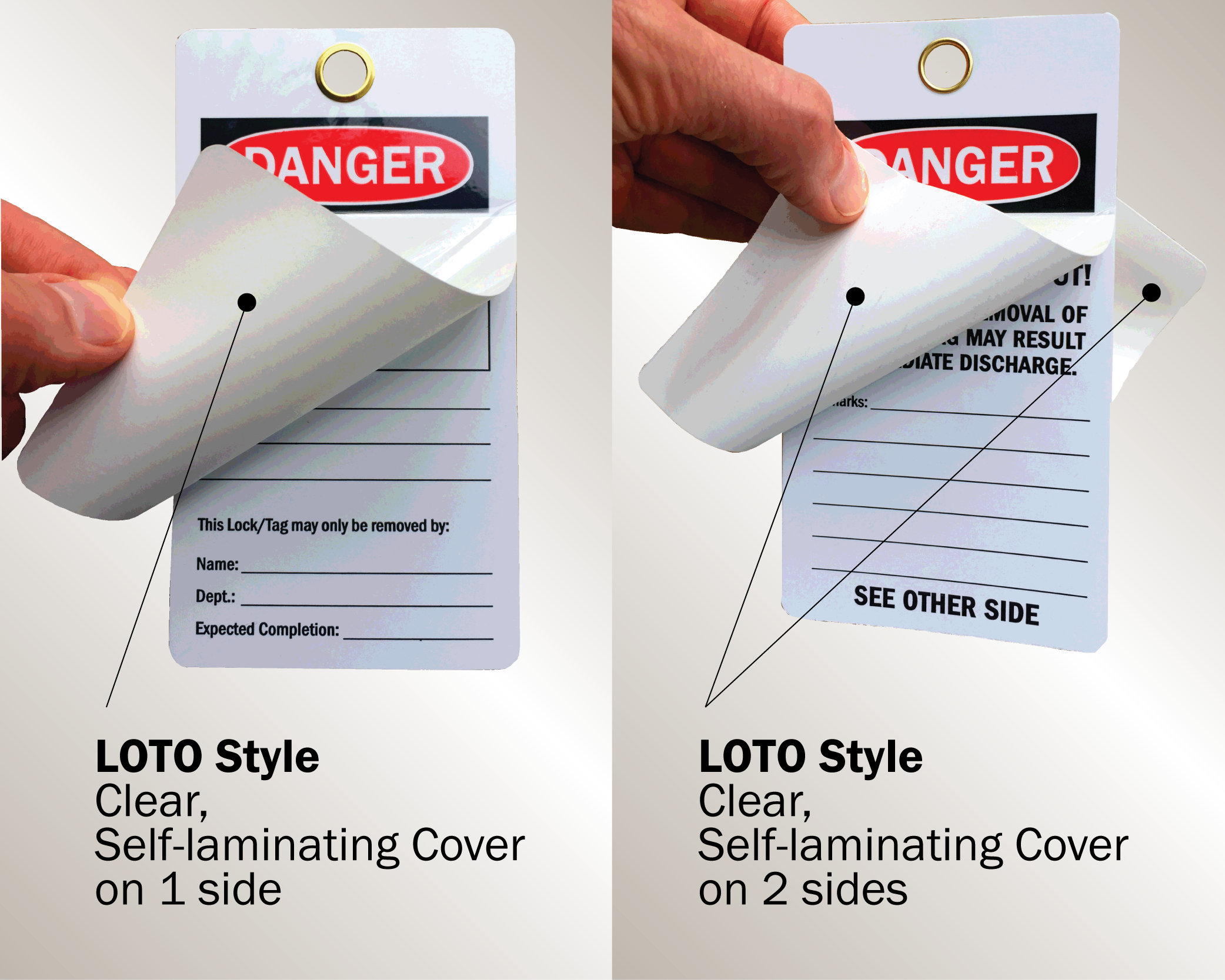 An image of OSHA style lockout safety tags with a metal eyelet, rounded corners and self-laminating covers on one or two sides. Header on tags reads, "Danger".
