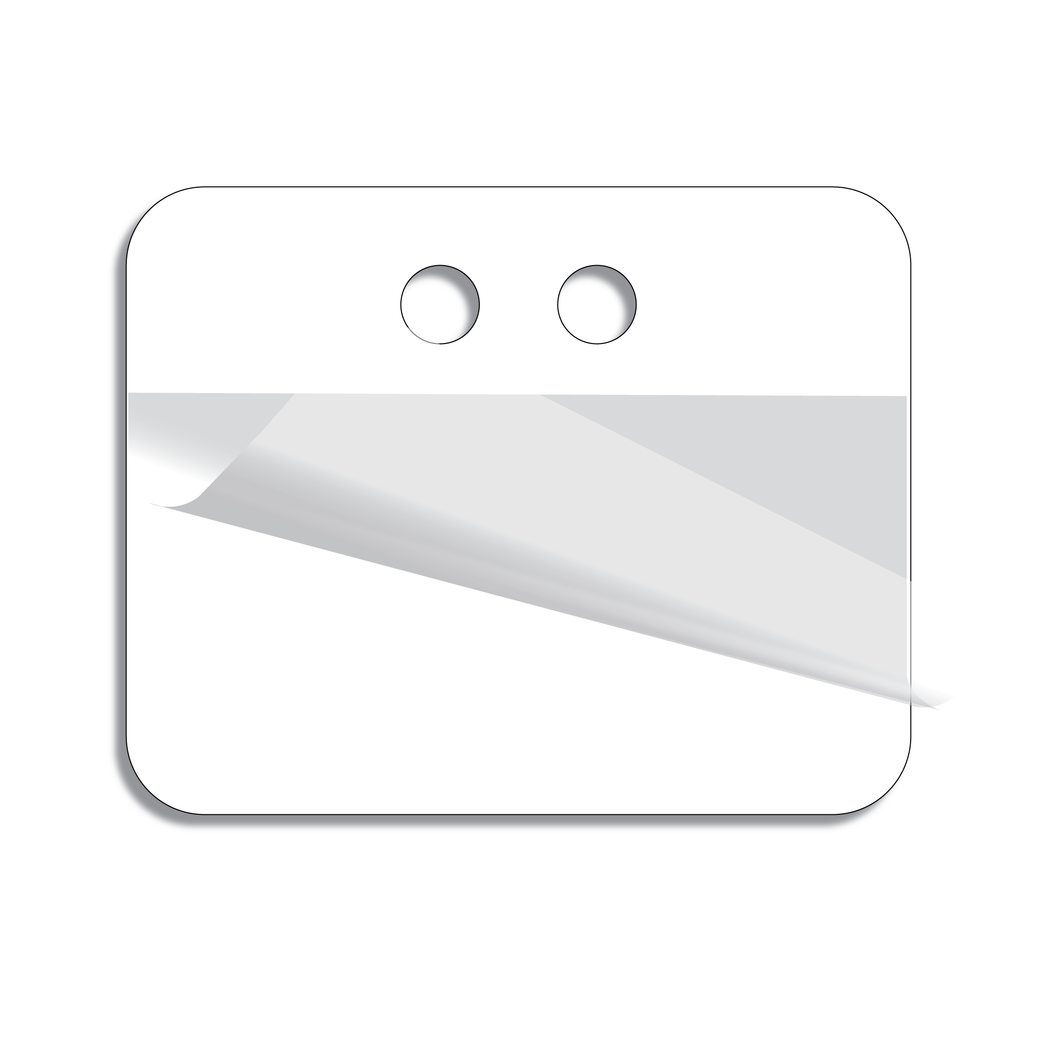 A rectangular, white plastic tag with rounded corners and two holes at center, top and a clear, self-laminating cover.