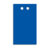 A rectangular, blue plastic tag with square corners and two holes at center, top.