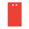 A rectangular, red plastic tag with square corners and two holes at center, top.