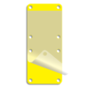 A rectangular, yellow plastic tag with rounded corners. The tag has one hole in each corner and two holes at each side in the middle. The tag also has a clear, self-laminating cover.