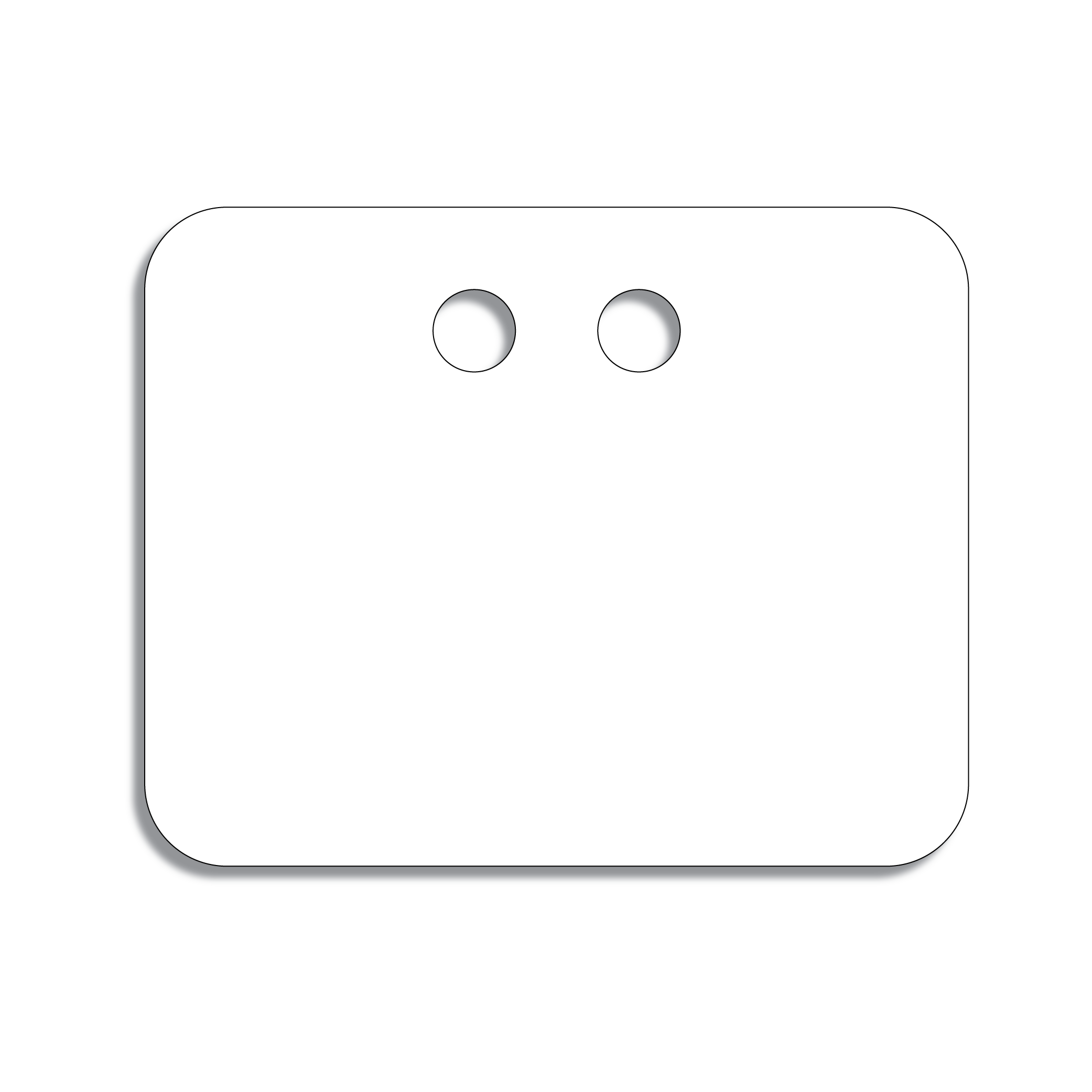 A rectangular, white plastic tag with rounded corners and two holes at center, top.