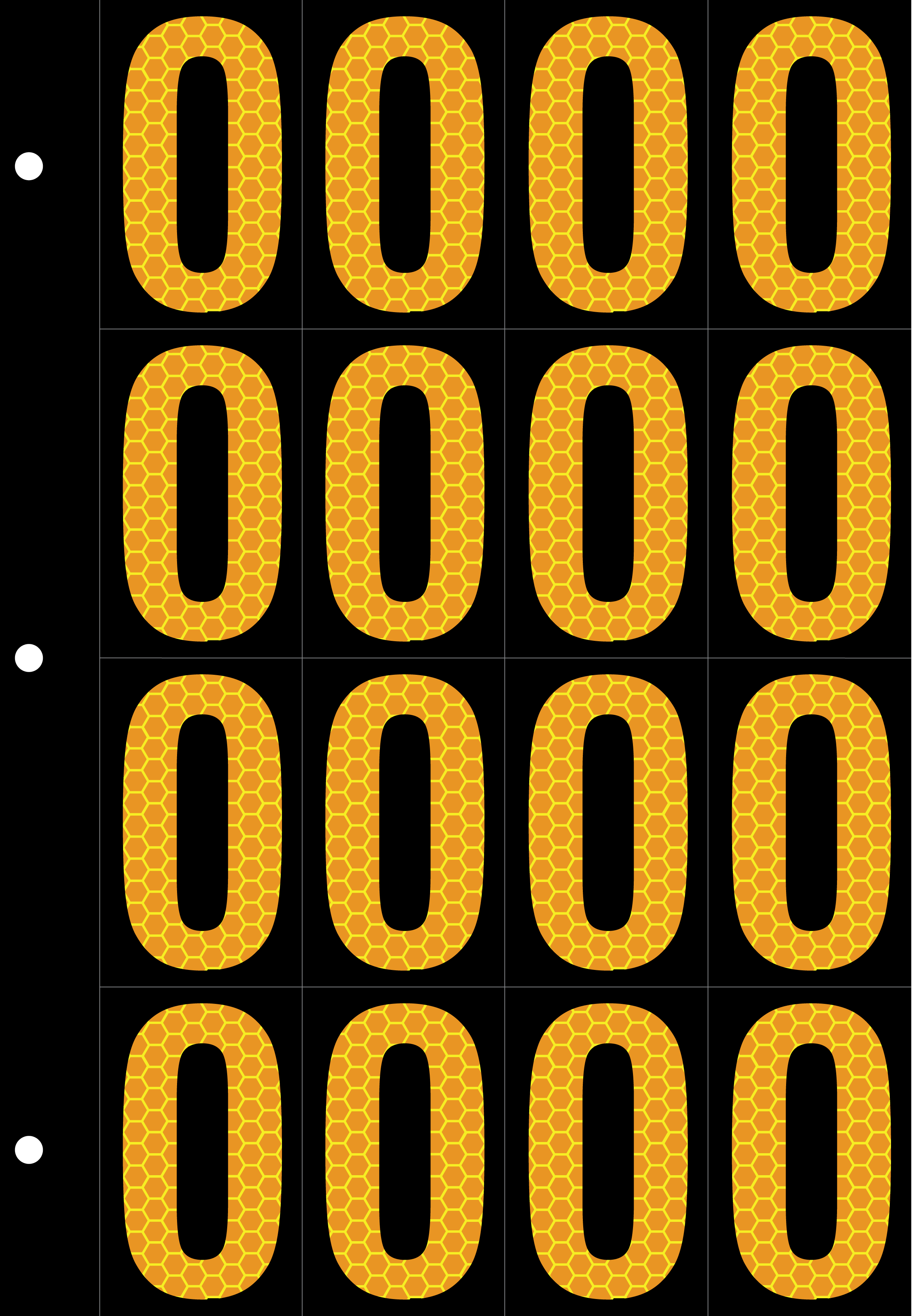 An image of a sheet of 16 retroreflective high intensity prismatic numbers & letters sized to fit in a 3-ring binder. Charaters are orange on a black background. The legend is, "0".