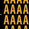 An image of a sheet of 16 retroreflective high intensity prismatic numbers & letters sized to fit in a 3-ring binder. Charaters are orange on a black background. The legend is, "A".