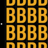 An image of a sheet of 16 retroreflective high intensity prismatic numbers & letters sized to fit in a 3-ring binder. Charaters are orange on a black background. The legend is, "B".