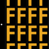 An image of a sheet of 16 retroreflective high intensity prismatic numbers & letters sized to fit in a 3-ring binder. Charaters are orange on a black background. The legend is, "F".