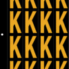 An image of a sheet of 16 retroreflective high intensity prismatic numbers & letters sized to fit in a 3-ring binder. Charaters are orange on a black background. The legend is, "K".