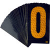 A rectangular high intensity prismatic reflective letter label with a 2.5" high capital letter "O" or number, "0" in yellow on a black background.