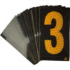 A rectangular high intensity prismatic reflective letter label with a 2.5" high number "3" in yellow on a black background.