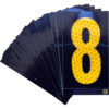 A rectangular high intensity prismatic reflective letter label with a 2.5" high number "8" in yellow on a black background.