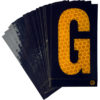 A rectangular high intensity prismatic reflective letter label with a 2.5" high capital letter "G" in yellow on a black background.
