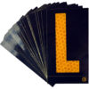 A rectangular high intensity prismatic reflective letter label with a 2.5" high capital letter "L" in yellow on a black background.