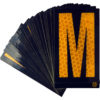 A rectangular high intensity prismatic reflective letter label with a 2.5" high capital letter "M" in yellow on a black background.