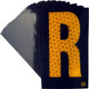A rectangular high intensity prismatic reflective letter label with a 2.5" high capital letter "R" in yellow on a black background.