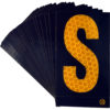 A rectangular high intensity prismatic reflective letter label with a 2.5" high capital letter "S" in yellow on a black background.