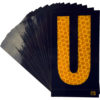 A rectangular high intensity prismatic reflective letter label with a 2.5" high capital letter "U" in yellow on a black background.
