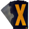 A rectangular high intensity prismatic reflective letter label with a 2.5" high capital letter "X" in yellow on a black background.