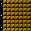 An image of a sheet of 70 retroreflective high intensity prismatic numbers & letters sized to fit in a 3-ring binder. Characters are orange on a black background. The legend is, "M".