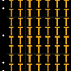 An image of a sheet of 70 retroreflective high intensity prismatic numbers & letters sized to fit in a 3-ring binder. Characters are orange on a black background. The legend is, "T".