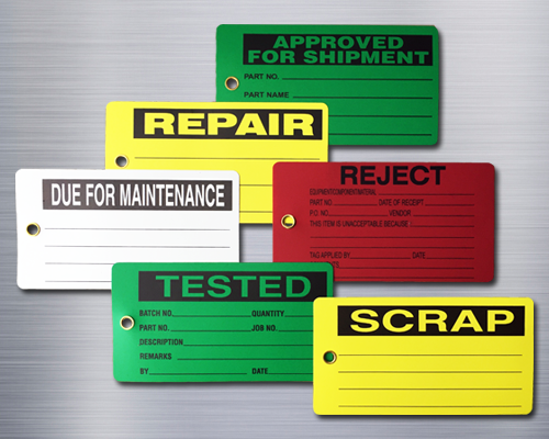 6 production status tags in red, yellow, green and white, reading , "Repair", "Tested", "Scrap" and more.
