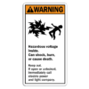 A rectangular label reading, "Warning. Hazardous voltage inside."