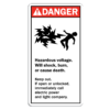 A rectangular label reading, "Danger. Hazardous voltage inside. Will shock, burn or cause death."