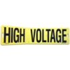 A utility pole cross arm sign reading, "High Voltage".