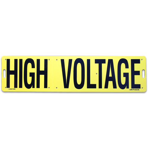 A utility pole cross arm sign reading, "High Voltage".
