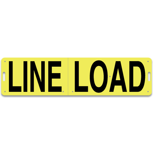 A utility pole cross arm sign reading, "Line Load".