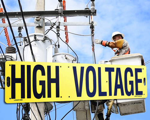 A high voltage cross arm sign.