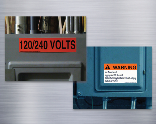 A voltage marker and an arc flash labels