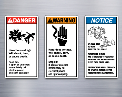Three transformer labels: Danger, Warning and Notice.