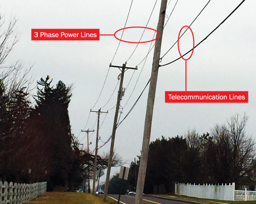 A series of telephone poles along a street.