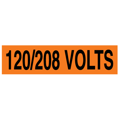 A rectangular voltage marker reading, "120/208 Volts" in Black letters on an Orange background.
