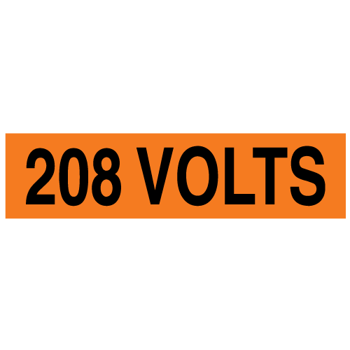A rectangular voltage marker reading, "208 Volts" in Black letters on an Orange background.