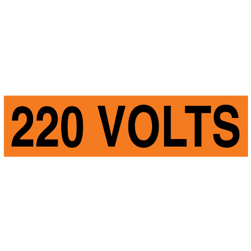 A rectangular voltage marker reading, "220 Volts" in Black letters on an Orange background.